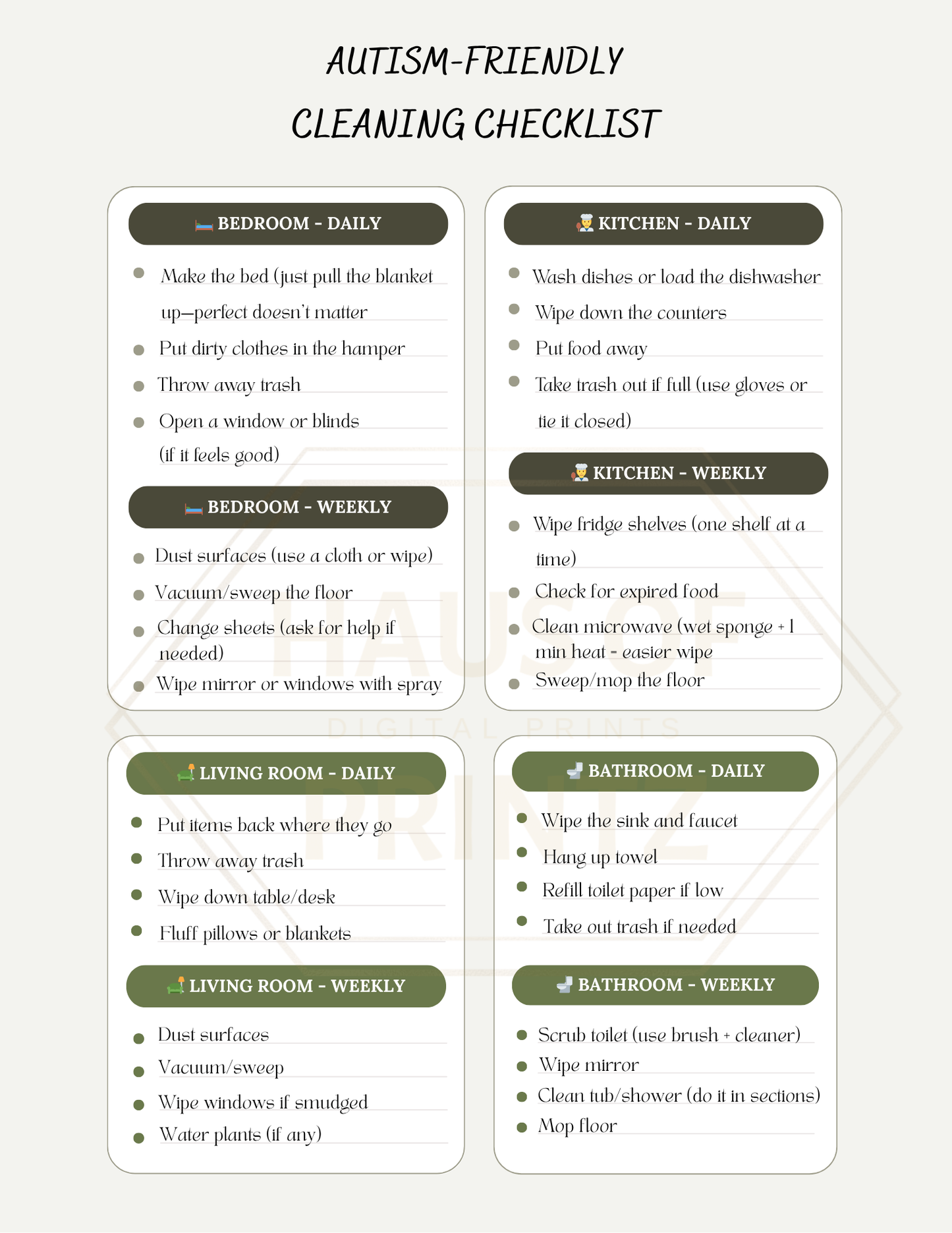 Autism-friendly Cleaning Checklist