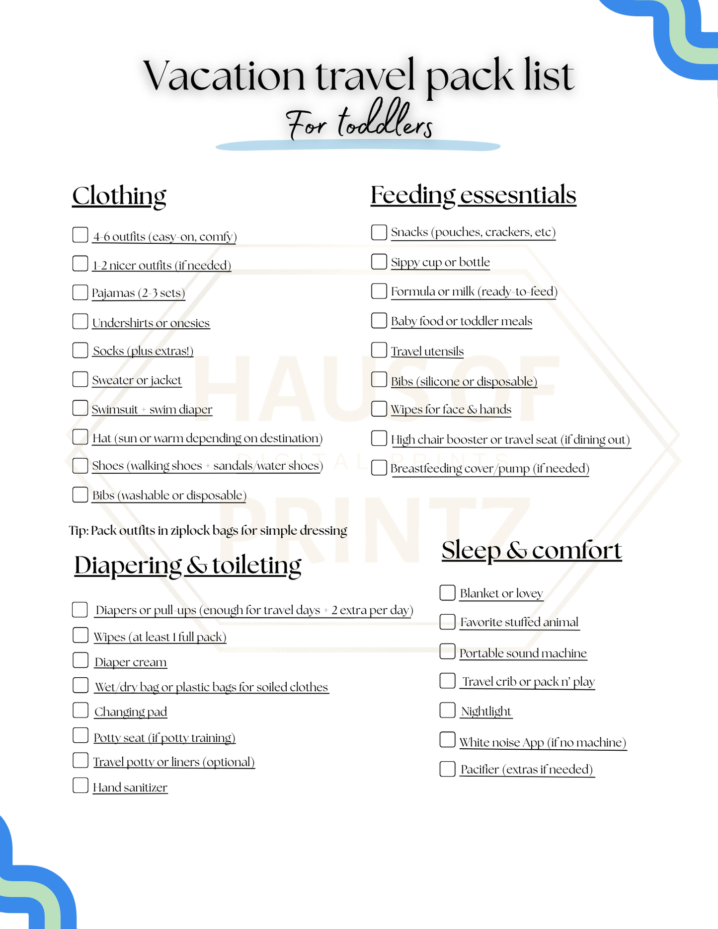 Vacation Checklist for Toddlers